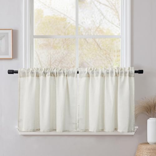CUCRAF Scheibengardine Küchengardinen Bistrogardine 2er Set Natur Leinen H 45 x B 60 Hellbeige Halb Transparent Stores Gardinen Fenster Leinenvorhang Gardinenschal