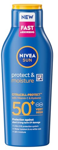 NIVEA SUN Protect & Moisture Sun Cream Lotion SPF 50 (400 ml), Sun Lotion with Vitamin C and Hyaluron, Provides 48H Moisture and Immediate UVA & UVB Protection, Water-Resistant, Leaves No White Cast