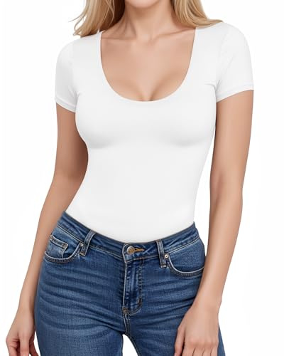 ALGALAROUND Summer Tops for Women UK Short Sleeve Scoop Neck White S