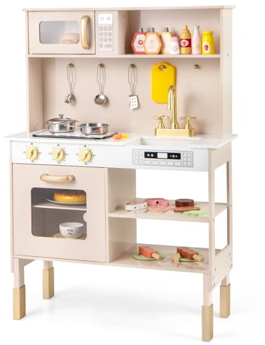 COSTWAY Kids Play Kitchen, Height Adjustable Pretend Kitchen with Realistic Lights & Sounds, Cuttable Toy Vegetables, Utensils, Wooden Children's Chef Role Play Set for 3 Years Old
