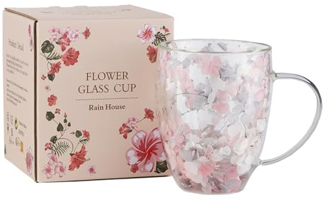 Tasse en verre à double paroi avec fleurs séchées, jolies tasses à café esthétiques, tasses à thé isolées mignonnes avec poignée résistantes à la chaleur pour femmes, cadeaux pour anniversaire, fête