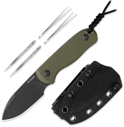 Kizer Drop Bear Fix Campingkniv, 6,52 cm Svart Stonewash D2-bladkniv med G10-handtag, Full Tang-jakt- och Överlevnadsknivar med Justerbar Kydex-slida, 1094M1