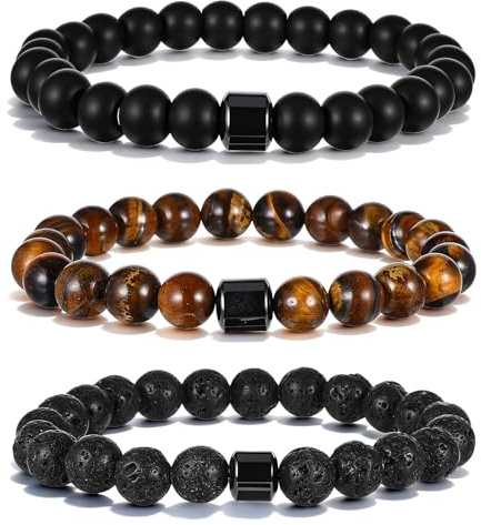 TIESOME 3PCS Mens Beaded Bracelets Set, 8MM Tiger Eye Lava Rock Beaded Bracelet Stretch Adjustable Stone Men's Bead Bracelet