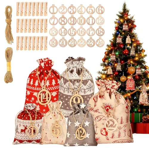 Calendrier de l’Avent à Remplir 2026 – 24 Sacs en Tissu (17.5×12.5 cm & 14×10 cm) avec Numéros, Pinces en Bois et Corde de Chanvre – Idéal pour DIY et Cadeaux pour Enfants