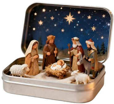 Hamosky Juego de mini belén de Navidad en caja de lata decorativa, figuras de resina con fondo de noche estrellada, exhibición navideña de 9,5 x 6 cm, escena de pesebre coleccionable para interiores