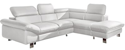 Mivano Divano angolare Driver con funzione di sonno e spazio di archiviazione/divano in pelle a forma di L con pouf a destra, con poggiatesta regolabili, 266 x 73 x 214, in similpelle bianca