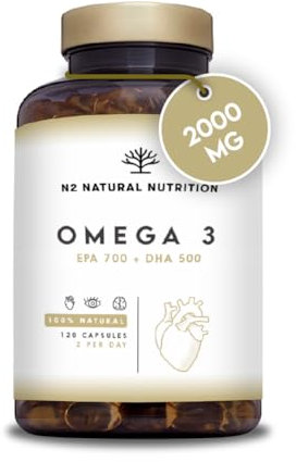 N2 Natural Nutrition Omega 3 + Vitamina E 2000mg, 700mg EPA, 500mg DHA. Aceite de Pescado.Regula el Colesterol, Favorece la Vista, Corazón y Cerebro Saludables. 120 Cápsulas