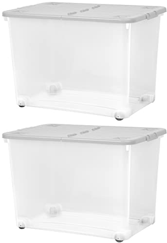 Muddy Hands Pack of 2 - Large Clear Plastic Storage Boxes with Lids & Wheels Stackable Containers (80 Litre)
