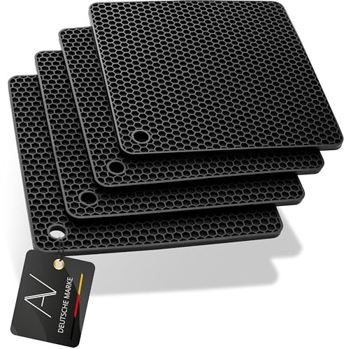 AVANA Untersetzer aus Silikon (4er Set) Premium Topfuntersetzer Multifunktional Hitzebeständig Topflappen Spülmaschinenfest rutschfest Wabenmuster - Schwarz