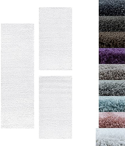 Set di tappeti Shaggy Tappeto Shaggy per Camera da Letto Pelo Morbido 3 Parti, Colore:Bianco, Bettset:2x60x110+1x80x150