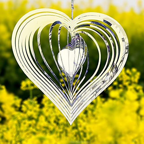 Wind Spinners, 3D Silver Steel Stainless Wind Hanging Spinner, Kinetic 360 Degree Spiral Wind Chimes, Wind Sculptures & Spinners, Metal Heart Spinner for Outdoors Yard Garden Décor (S 7.8x7.8inch)