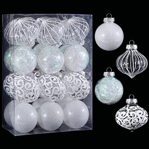 70MM/2.76 Christmas Ornaments Set, 24ct Clear White Plastic Shatterproof Christmas Balls with Stuffed Delicate Decorations Shatterproof Xmas Tree Baubles for Holiday Party Thanksgiving Office