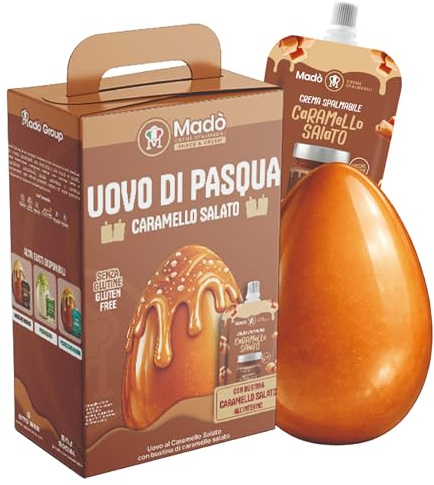 MADÒ Uova di Pasqua 2026 Artigianale al Caramello Salato MADE IN ITALY - Uovo di Pasqua Cioccolato e Caramello e Crema Spalmabile (300+100g)