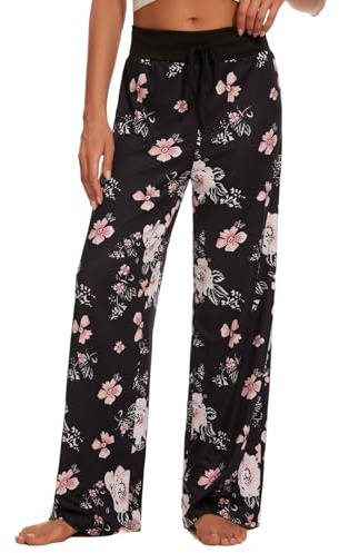 AMYTIS Yogabyxor för kvinnor, stretch, fritidsbyxor, bekväma pyjamasbyxor långa, lätta loungebyxor, hemmadräkt, byxor, avslappnade byxor, fitness, sommar, breda ben, svart #0580, M, Black#0580, M