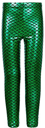 SXME MIGHT SAY Girls Kids Fish Scale Mermaid Holographic Slim Metallic Leggings Perfect for Disco and Dance Green