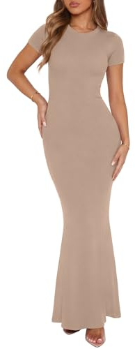 REORIA Women's Summer Sexy Casual Lounge Long Dress Elegant Wedding Guest Short Sleeve Crew Neck Bodycon Maxi Dresses Khaki Small