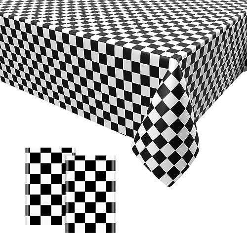 2PCS Schwarz Weiß Karierte Tischdecke,Tischdecke Racing Einweg Plastik Tischdecke Einweg Tischdecke mit Karierter Flagge für Racing Party Dekoration 137 x 274cm