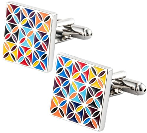 Jonwo Multicolored Print Enamel Square Cufflinks for Men Dress In Gift Case Colorful Patterns Men's Cufflinks Set for Wedding Party Birthday Anniversary Dress