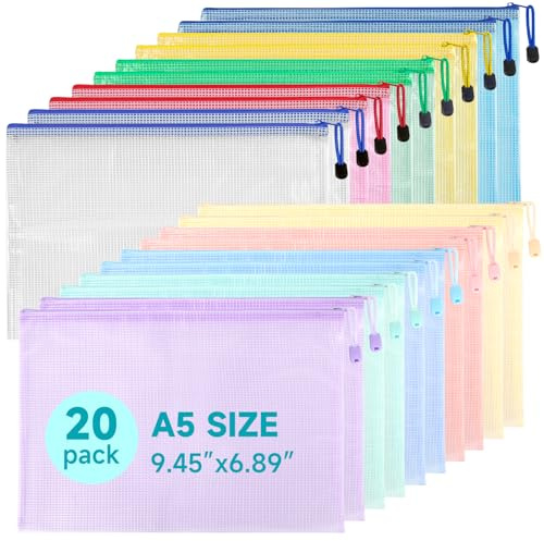 Mutsitaz 20-pack A5 plastplånböcker filpåsar, A5-dokumentplånböcker med dragkedja, dokumentmapp, blixtlåsförslutspåsar, dokument blixtlåsväskor, plastmapp för skola, resor, hem, kontor