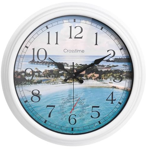 Crosstime 40 cm große Gartenuhr, wasserdicht, Outdoor-Wanduhren mit Thermometer für Garten, Terrasse, Pool, Dekoration, Weiß, 40 cm