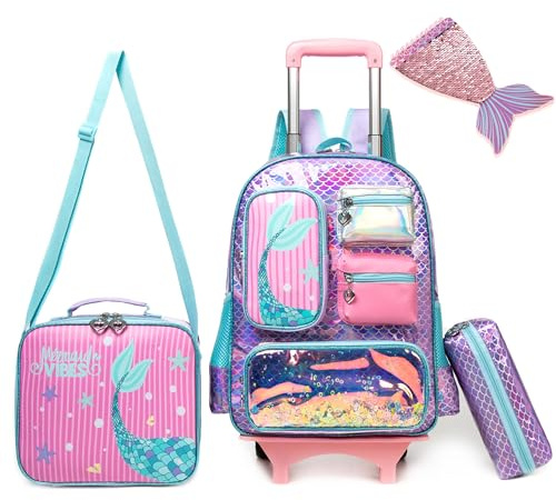 HTgroce Mochila con ruedas, mochila escolar con ruedas, mochila escolar con ruedas, Bolsillo múltiple Lila Sirena, 16.5 * 11.8 * 7.8 inches