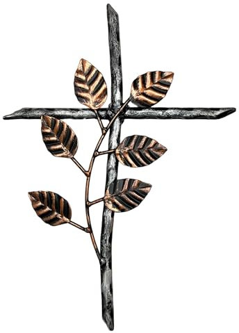 Croce da parete in metallo da 30,5 cm, ramo d'ulivo floreale, crocifisso celtico da giardino, finitura argento e rame, decorazione artistica moderna rustica di Gesù
