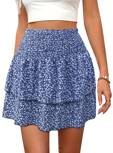 XFSRG Faldas Mujer Verano Cortas con Volantes Florales De Verano De Cintura Alta Lindas Minifalda Básica Multifuncional Casual Chic de Noche Playa Vacaciones Falda
