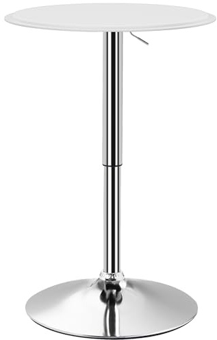 HOMCOM Mesa de Bar Redonda Ajustable en Altura 67-93 cm, Mesa Alta de Bar, Tablero Ø63 cm y Giratorio 360°, con Base Redonda de Metal Cromado, para Bistró, Cocina Comedor, Blanco
