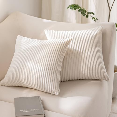 HOSHEN HOME 2er Set Kissenbezug 40x40cm Creme Kordsamt Gestreift Kissenbezüge Dekokissen Sofakissen Couchkissen Zierkissenbezug deko wohnzimmer Kissenhülle für Sofa Wohnzimmer Schlafzimmer Balkon Büro