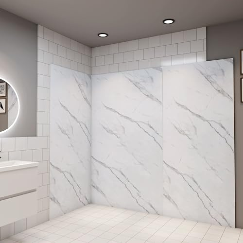 Pack de 3 Panneaux muraux de douche blanc effet marbre 120+120+120 x H.210cm Panneau mural salle de bain - Aluminium