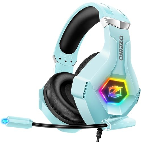 Ozeino Auriculares Gaming para PS4 Ps5 PC, Auriculares con Micrófono Cancelación de Ruido, 3D Surround Sound, Auriculares Confort con LED RGB, Azul Claro