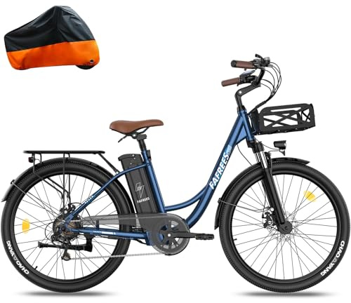 Fafrees Bici Elettrica da Città 26 da 36V25Ah Batteria Rimovibile Bicicletta Elettrica Autonomia di 95-120km, Motore 250W, E-Bike con Cestino Anteriore, Cambio 7S, Display LCD, Blu,Copertura per Bici