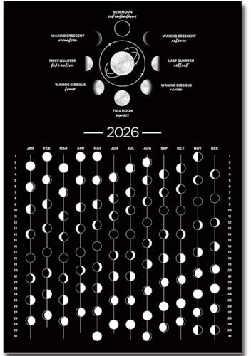 Månkalender 2026,2026 månfas väggdekor mörk måne affisch astrologisk affisch väggkonst dekor (30 x 45 cm utan ram)