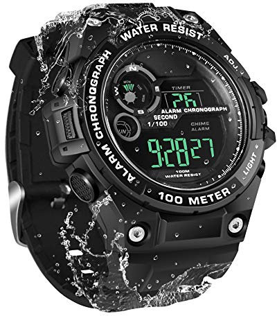 100m Unterwasser Taucheruhr für Herren Jungen mit Funktionen von Stoppuhr, Chronograph, Wecker, Doppelte Zeitzonenanzeige, 12/24 Stunden Format Wählbar, blacks, Band