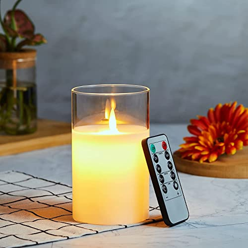 Velas LED con llama parpadeante, columna de cera real sin llama, con mando a distancia, cristal, temporizador de 24 horas, funciona con pilas, 10 cm, color blanco
