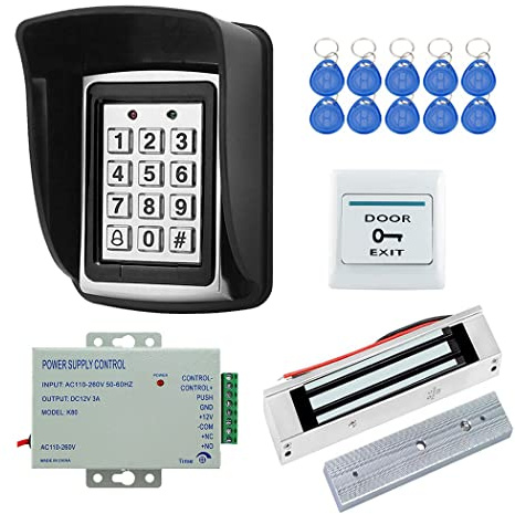 YAVIS Kit Système de Contrôle d'accès RFID Programmable Clavier de Contrôleur en Métal, Housse étanche, 180kg Serrure Magnétique Electriqueavec DC 12V 3A Alimentation, Bouton EXIT, Keyfobs ID 10pcs