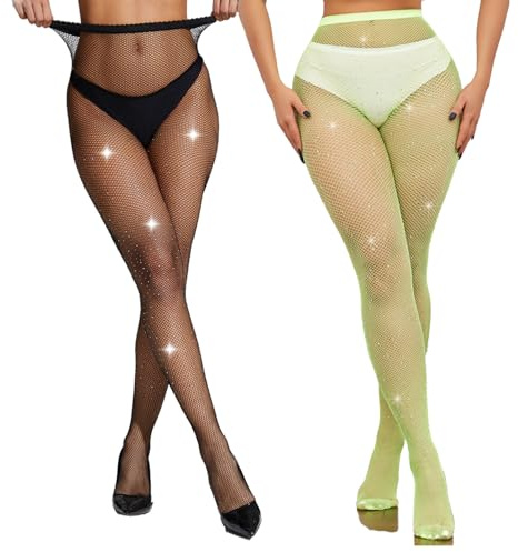 LiiYoang 2 st glitter strumpbyxor dam nätstrumpbyxor svart, fisknät strumpbyxor strass glitterstrumpbyxor för sexiga kvinnor | nattklubb, feststrumpa, Svart + grön, one size