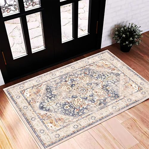 CHAMPLANT 2'x3' Blue Khaki Area Rug Washable Door Mat Vintage Distressed Doormat Indoor Entrance Traditional Thin Floral Print Non Slip Carpet for Kitchen Bathroom Bedroom Living Room
