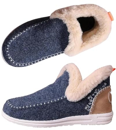 QuyiFa Scarpe basse invernali foderate in peluche, stivaletti antiscivolo con fodera in pelliccia sintetica, mocassini in cotone con punta rotonda e caldi peluche alla moda (blu,37)