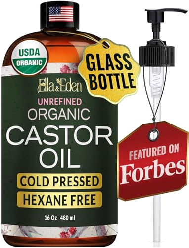 Ella & Eden USDA Organic Castor Oil – Cold Pressed Hexane-Free - Glass Bottle - For Hair Growth, Face, Eyelash, Skin, Stomach - 100% Pure Unrefined 16 Fl Oz