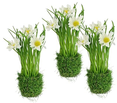 Margherite artificiali nel nido d'erba, 20 cm, set di 3 fiori artificiali, margherite, cespuglio di erba, decorazione pasquale, fiori primaverili, decorazione primaverile, decorazione per la