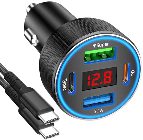 Zigarettenanzünder USB C, USB Zigarettenanzünder Adapter 12v USB Adapter Auto kfz Ladegerät Schnellladegerät für iPhone Samsung Telefon Tablets (Schwarz & Kabel)