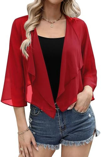 Aottori Coprispalle Donna Chiffon Elegante Bolero Maniche 3/4 Cardigan Estivo Corto Giacca Trasparente Leggero per Cerimonia Festiva Rosso XL