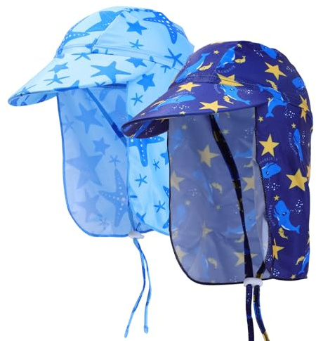 Mayoii 2 Pcs Baby Sun Hat Todder Swim Cap UPF 50+ Summer Cap with Strap Adjustable Flap Sun Protection Beach Hat for 1-7 Years (UK, Alpha, One Size, Baby, Muiticolor-blue2)