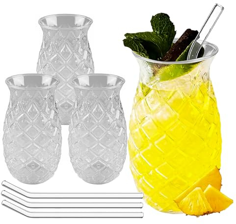 4 Pezzi Bicchieri Ananas 480 ML, Trasparenti Da Cocktail Con Rilievo Di Ananas, Bicchiere Da Cocktail Creativo Ananas, Con Paglia, Resistente Al Calore, per Il Campeggio In Famiglia, Bar, Feste Estive