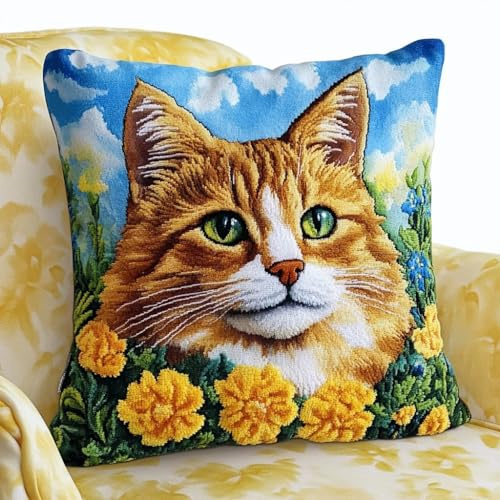 AMBATTERY Ricamo A Punto Croce Per Cuscino, Gatti e fiori Punto Croce Kit da Ricamare Prestampato 45x45cm Kit Per Cuscino Ricamato A Mano Kit Per Ricamo A Croce