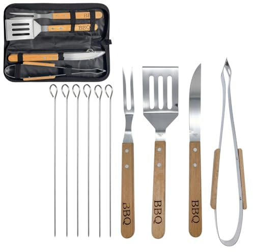 OCEANO Set Barbecue Professionale 11 Pezzi (10 Utensili + Custodia) Kit BBQ in Acciaio Inox con Manici Legno Accessori Griglia Giardino Campeggio Include Spatola Pinza Forchettone Coltello 6 Spiedini