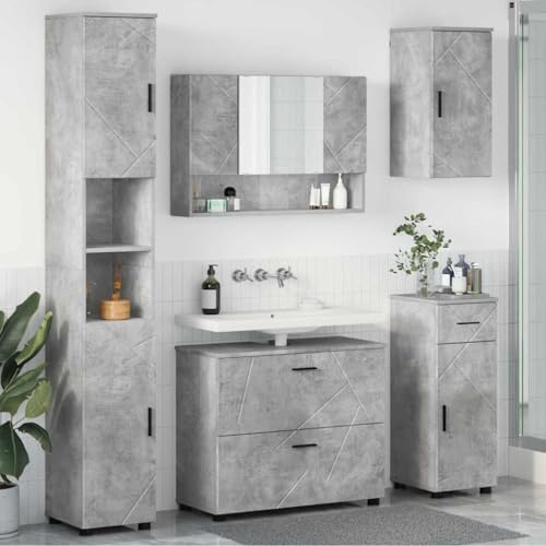 Ziaphsol badrumsmöbler set 5 delar betong grå plywood metall förvaringsutrymme tvättställ spegel väggskåp komplett set för modernt badrum, utrymmesbesparande, robust, inklusive arrangör och belysning
