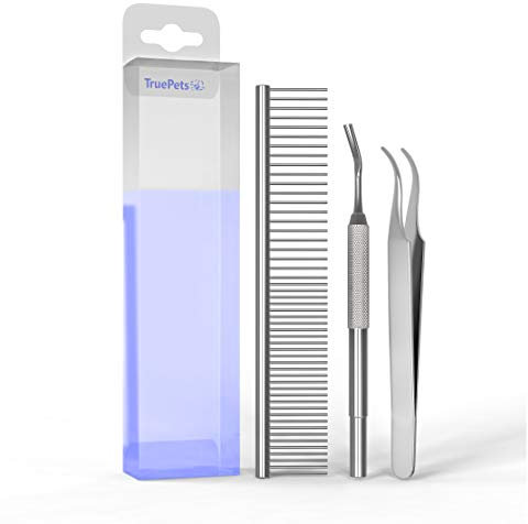 True Pets® Zeckenzange 3er Set - Hochwertige Zeckenzangen aus Edelstahl - Zeckenpinzette für Katzen-Hunde - Zeckenhaken für Menschen und Tiere - Twister tick Remover - Zeckenpinzette inkl. Kamm