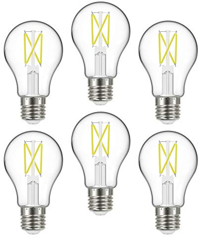 Satco Dimmable Led Filament Lamps, S12425, High Lumens, 10.5 Watt, A19; Clear; Medium Base; 5000K; 90 CRI; 120 Volt for use at Residential, Hospitality, Display and Commercial (6 LED Light Bulbs)